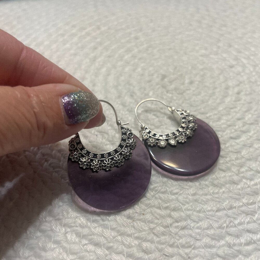 Unique AMETHYST with STAMPED SILVER Handmade Hoop Earrings #213D